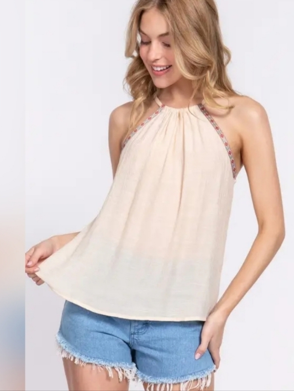 NWT Active USA Cream Halter Neck Tank with Embroidered Trim - Picture 2 of 4